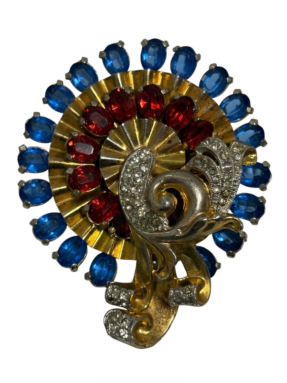 Vintage Mazer Dimensional Pinwheel Blue Red Icy Rhinestones Pin Brooch